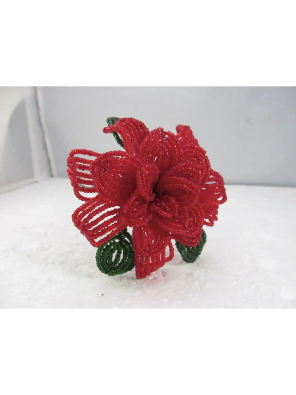 Handcrafted Red & Green French Beaded Flower with Stem Home Decor Gift 11 inch
